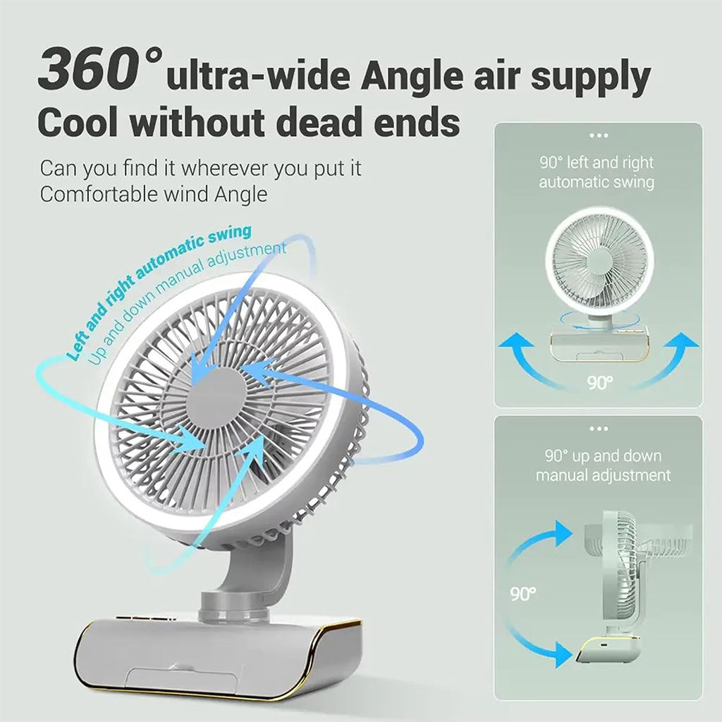 Ventilateur de Bureau Rechargeable Rotatif avec Lumière LED – مروحة مكتب قابلة للشحن