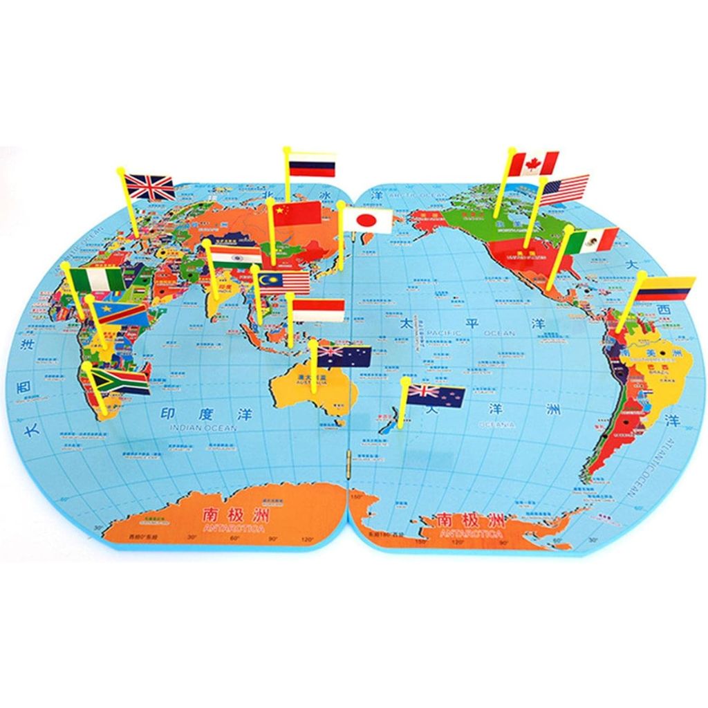 Puzzle Carte du Monde en Bois Pliable avec Drapeaux et Capitales – لعبة تعليمية للأطفال خريطة العالم مع الأعلام والعواصم