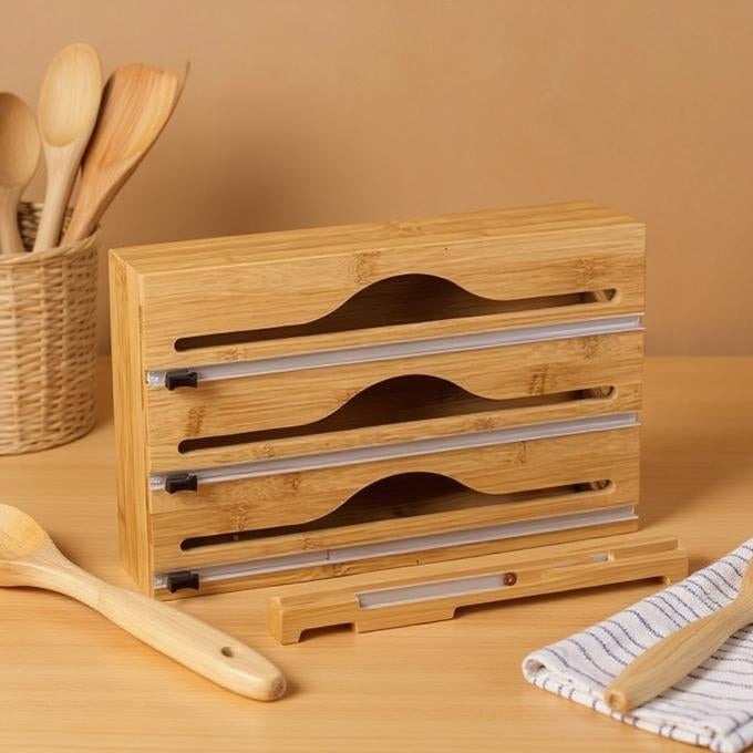 موزع أوراق المطبخ 3 في 1 من خشب البامبو الطبيعي