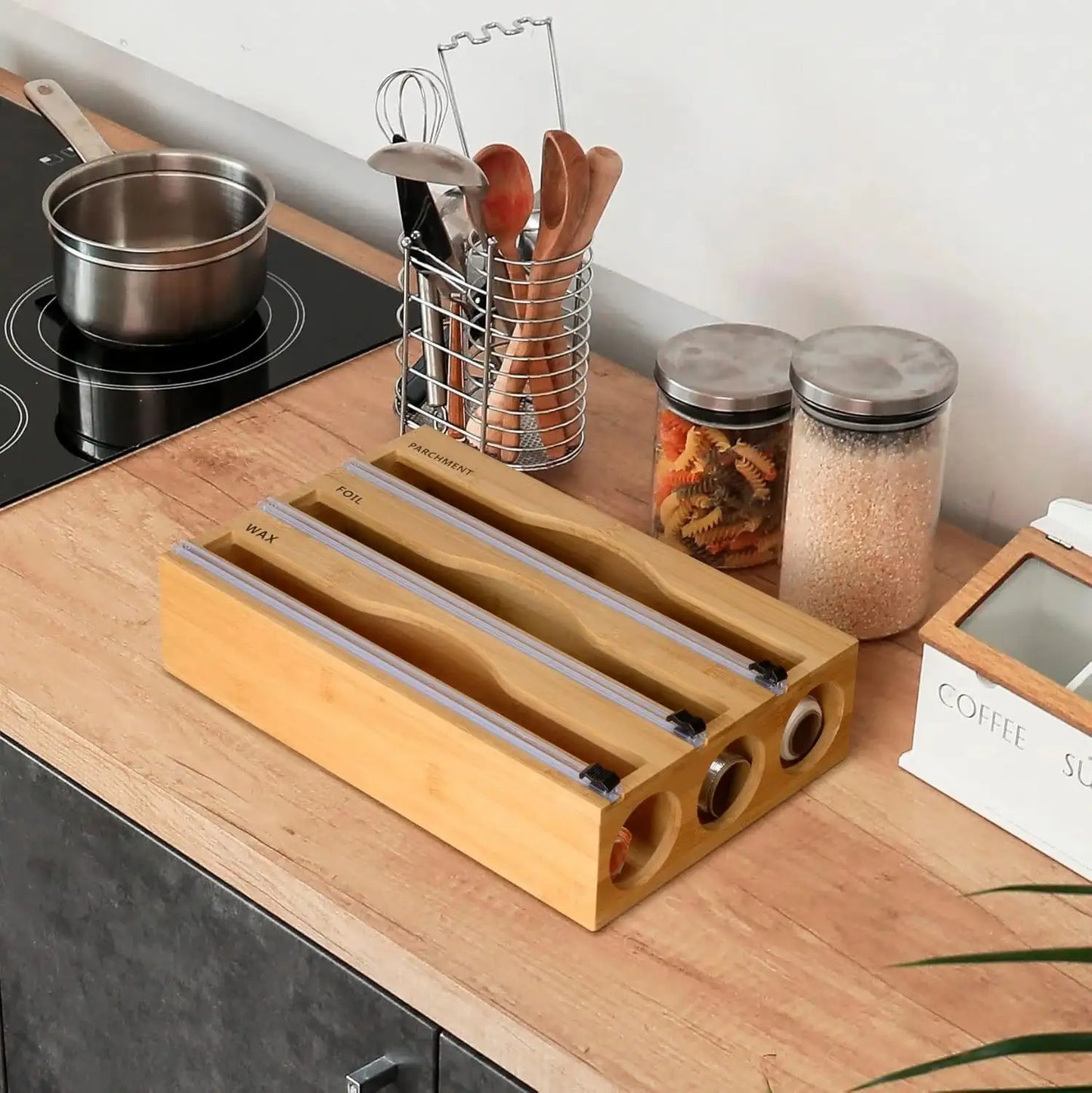 موزع أوراق المطبخ 3 في 1 من خشب البامبو الطبيعي